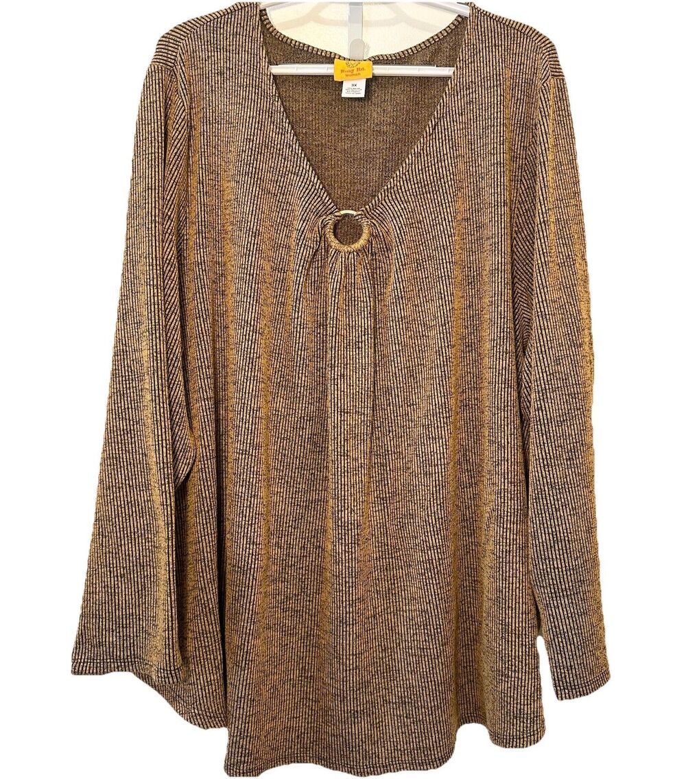 Ruby Rd Woman 3X Brown Ribbed Knit Top V-Neck Ring Detail Stretch Cognac